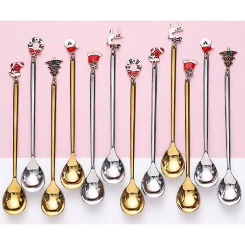 New Year Metal Merry Christmas Coffee Spoons Xmas Party Tableware Ornaments Christmas Decorations Tea Dessert Long Handle Spoon