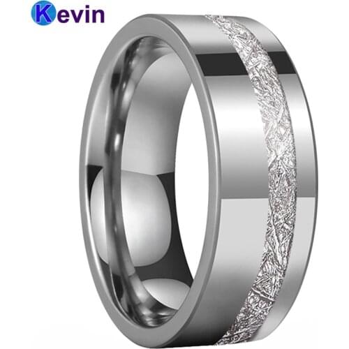 Flat Band Tungsten Inlay Ring For Men Women With Bright Meteority Inlay Offset Groove 8MM Comfort Fit