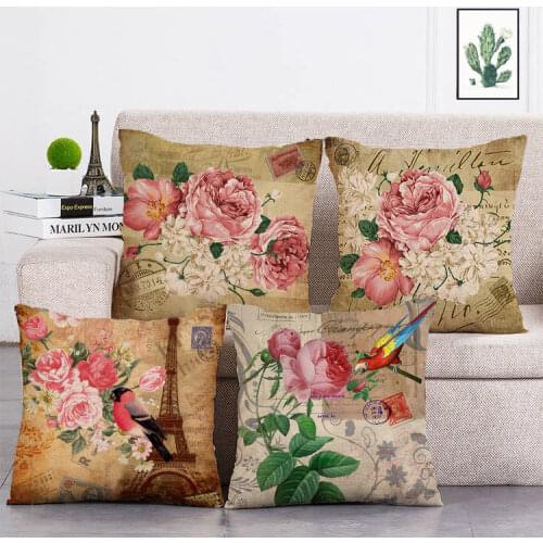 Retro Flower Tower Cushion Cover Cotton Linen Decorative Pillowcase Seat Square 45x45 Pillow Cover Home Living Textile T337