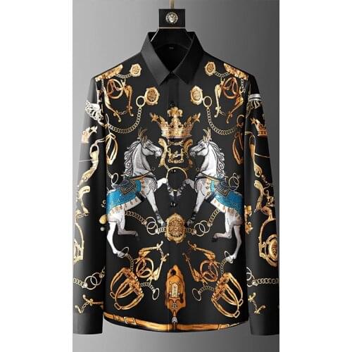 Luxury Crown Rhinestone Mens Shirt Long Sleeve Slim Casual Shirt Streetwear Social Party Tuxedo Business Formal Dress Shirts