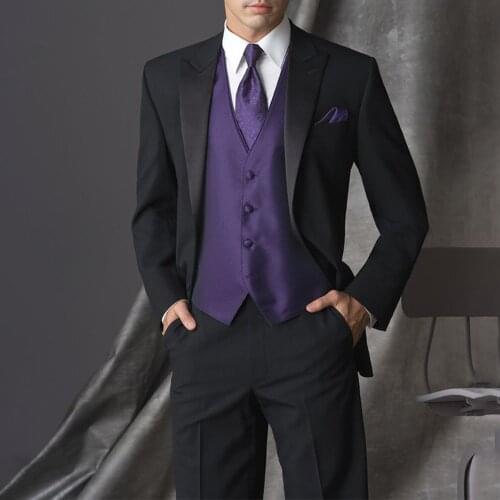 Custom Made Groom Tuxedo, Bespoke Peak Lapel Black Suits with Violet Purple Vest, Tailor Made Black Wedding Suits for men