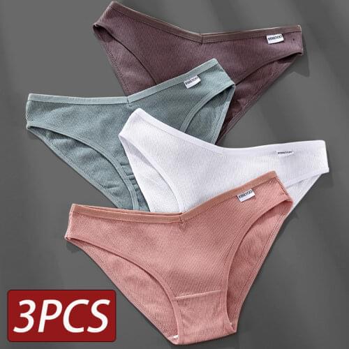 FINETOO Womens Panties Womens Cotton Briefs Female Underpants V Waist Brief Underwear Plus Size Pantys Lingerie M-4XL 3PCS/Set