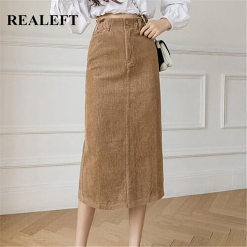 REALEFT 2021 New Womens Corduroy Skirts Stylish Autumn Solid Color Vintage High Waist Office Ladies Casual A-Line Skirt Female