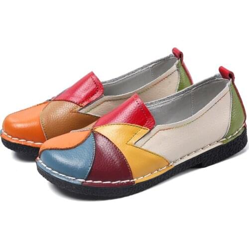 2021 Korea Hot Women Loafers Patches Stitching Flat Shoes Woman Summer Flats Soft Candy Colors Genuine Leather Moccasins Loafers