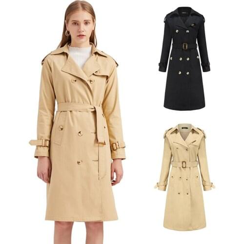Women Elegant Slim Trench Fashion Double-Breasted Belted Coat Long Sleeve Side Pockets Female Overcoat Cotton Chic Outerwear