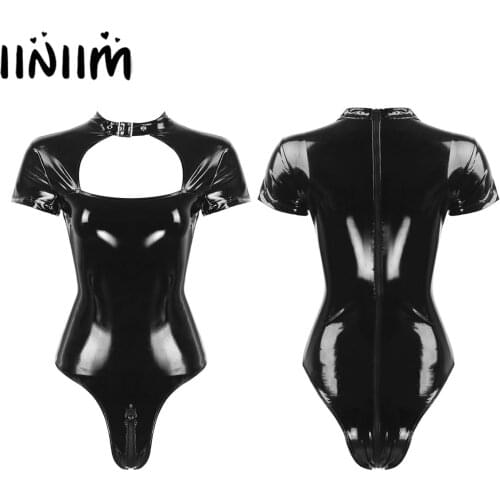 Womens Ladies Wetlook Baby Doll Leather Lingerie Double-ended Zipper Bodysuit for Evening Cocktail Parties Pole Dancing Clubwear