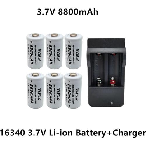 100% New original 16340 Battery CR123A 16340 Battery 8800mAh 3.7V Li-ion Rechargeable Battery+16340Charger
