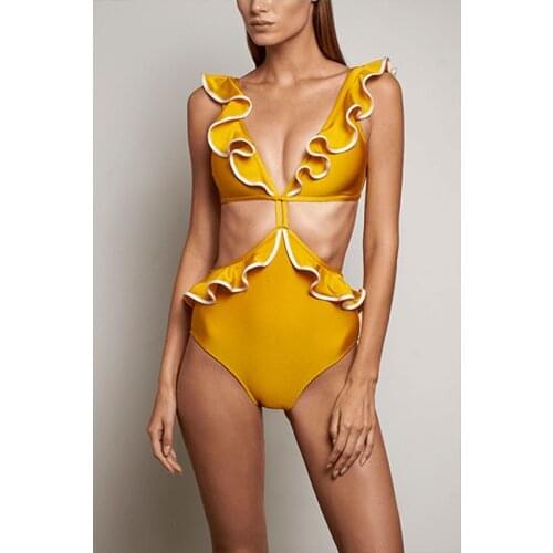 2021 Sexy One-Piece Bikini Swimsuit Ladies Ruffled Solid Color Beachwear New