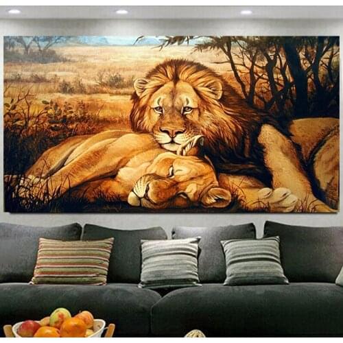 5D DIY Full round square Diamond Diamond Lion Couple Cross Stitch African wild Animal Rhinestone Embroidery Mosaic Decor TT5366
