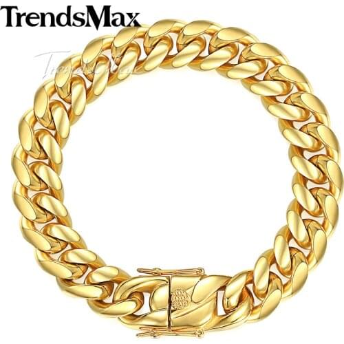Mens Bracelets Miami Curb Chain Hip Hop Gold 316L Stainless Steel Bracelet For Male Jewelry Wholesale 8/12/14mm KHBM111