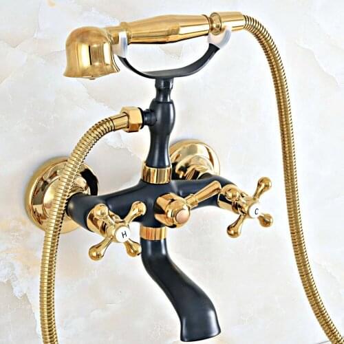 Black Gold Color Brass Wall Mount Bathroom Tub Faucet Dual Cross Handles Telephone Style Hand Shower Clawfoot Tub Filler ana464