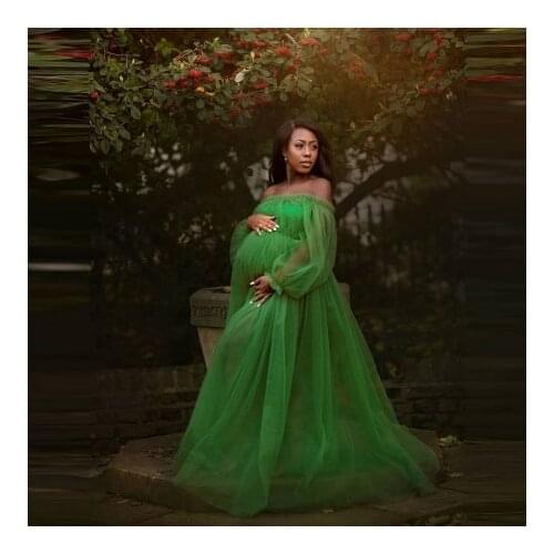 Chic Green Tulle Pregnancy Gowns Slash Elastic Neck Long Sleeves See Thru Plus Size Custom Made Maternity Dresses 2021