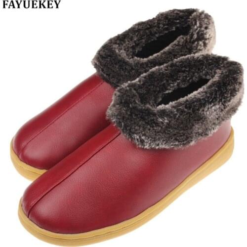 FAYUEKEY New Arrival Winter PU Leather Home Slippers Women Indoor\ Floor Slippers Warm Cotton Plush Non-slip Flat Shoes