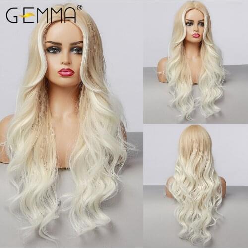GEMMA Long Body Wave Wigs for Women Ombre Light Brown Blonde Wigs with Highlight Natural Hairline Middle Part Synthetic Hair