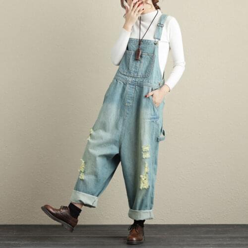 Streetwear Women Washed Bleached Denim Overalls Baggy Cowboy Strap Wide Leg Pants Jumpsuit Large Size Low Crotch Rompers Pocket