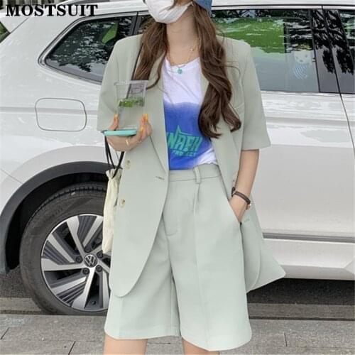Mostsuit Elegant Chic Loose Women 2 Pieces Blazer Set Short Sleeve Suit Jacket & High Waist Shorts Summer Ladies Short Suits