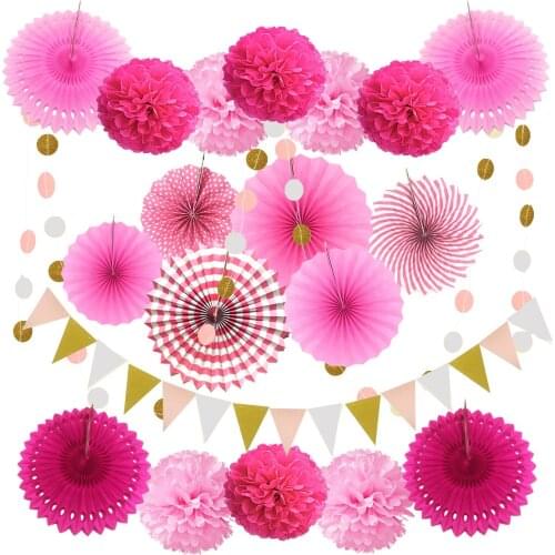 21 Pcs Girl DECORATIONS/Pink Theme Kit Set- Baby Girl Fiesta Pink Hanging Paper Fan Flower,baby and single girl birthday party