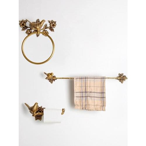 Antique Brass 3pcs Bath Towel Set Bird Towel Ring Carved Toilet Paper Holder Creative Towel Bar Bathroom Accessories WF