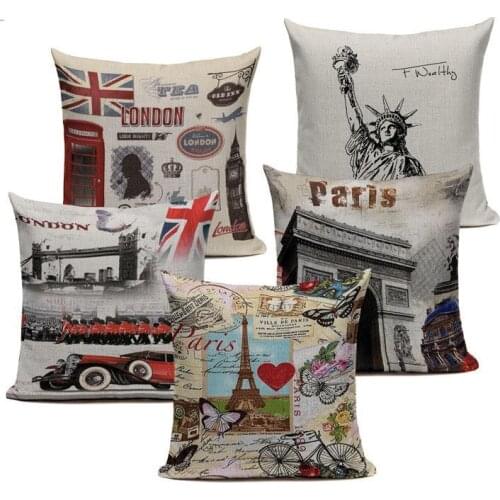 Famous Places cushion cover Vintage architecture Roman Theatre Eiffel Tower Triumphal Arch Tower Printed Linen Cushion Cover