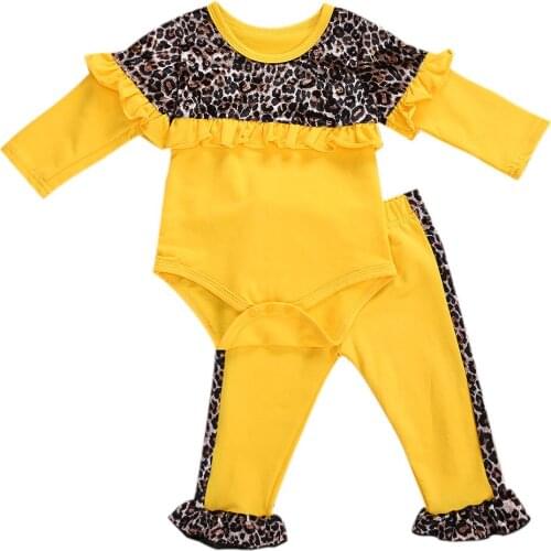 Two Piece Baby Girl’s Clothes Personality Leopard Stitching Long Sleeve Jumpsuit and Elastic Long Pants