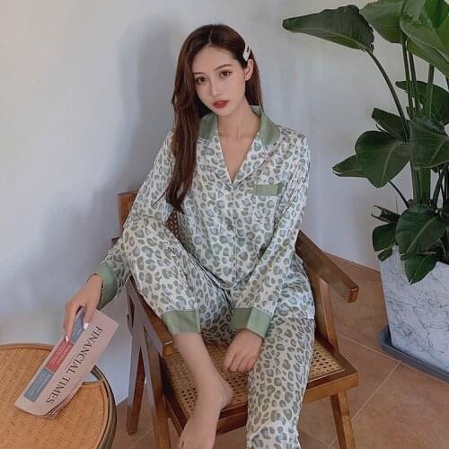 Autumn Long Sleeve Green Color Leopard Silk Pajamas Thin Turn-down Collar Full Length Sexy Nightwear 2 Piece Home Satin Pijamas