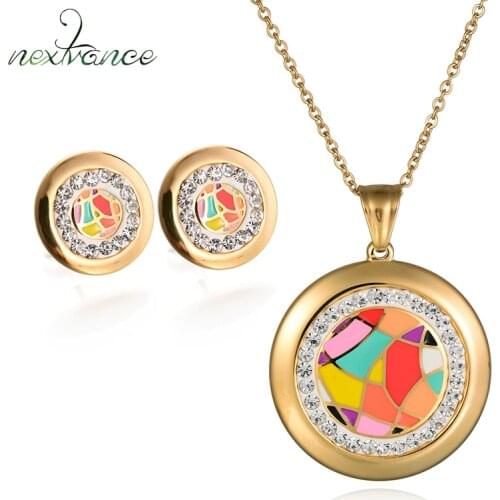 Nextvance Gold Rhinestone Enamel Necklace Earring Set Stainless Steel Round Medal Pendant Necklaces For Christmas Gift