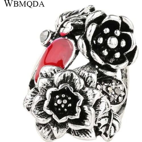 Vintage Black Red Enamel Flower Leaf Rings For Women Silver Plated Punk Gothic Ring Tibetan Jewelry Trending Products 2018