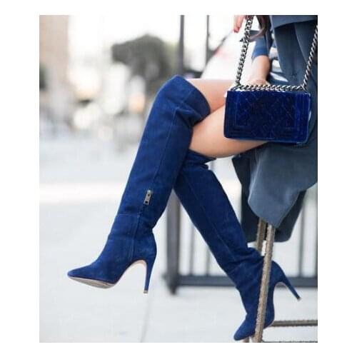 Blue Stretch Fabric Over The Knee Boots Womens Pointed Toe Side zipper Tight High Boots Customized Winter long boot big size