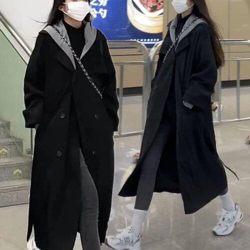 Women Hooded casual Trench Coat Long Outerwear Double-Breasted With Belt Overcoat Female Vintage Windbreaker Jacket Fall 2021New