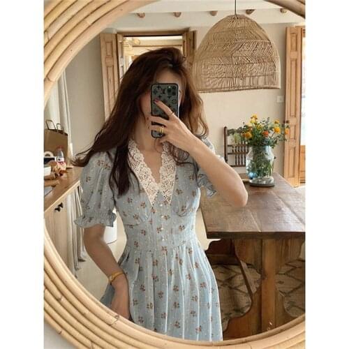 Women Summer French Print Floral Long Dress Vintage Lace Female Elegant Boho Dress Casual Holiday Lady Beach Vestidos