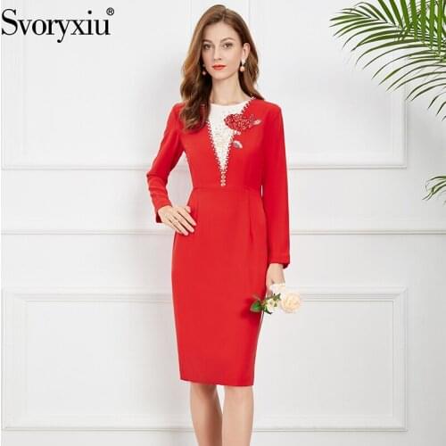 Svoryxiu Fashion Autumn Woman Elegant Knee-Length Pencil Dress O-Neck Floral Pattern Diamond Beaded Sequins Gorgeous Dresses