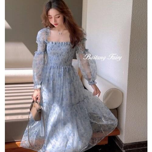 2021 Summer Korean Elegant Midi Dress Women Puff Sleeve Square Collar Boho Beach Floral Dress Vintage Female One Piece Dresses