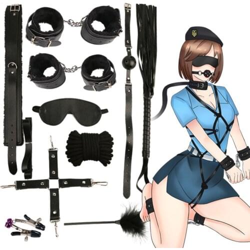 10 Pcs/set handcuffs police Cosplay Tools Toys for Set Handcuffs Nipple Clamps Gag Whip Rope Sex Toys For Couples sexy mask