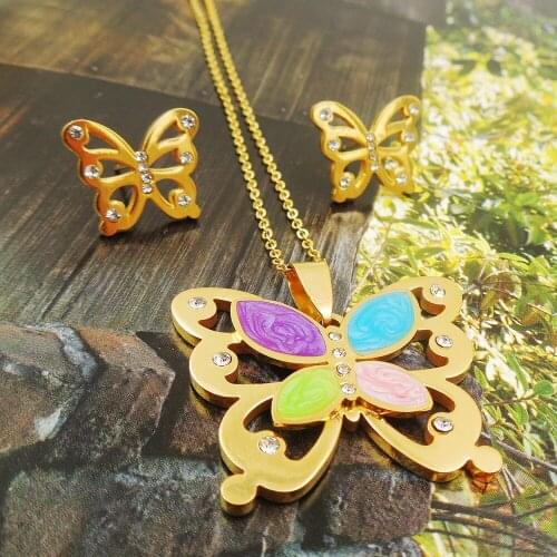 316L Stainless Steel Wedding Party,butterfly earring Colourful Pendant Necklace Set EV-G214 gift for birthday