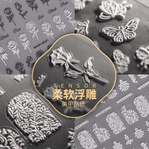 5D Charms Embossed Flower Lace Nail Stickers Flower Lace White Engraved Design With Textured Slider Decals for Manicure
