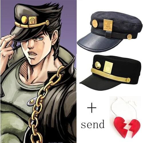 Anime JoJos Bizarre Adventure Hat Cosplay Jotaro Kujo Flat Metal Badges Hats Earrings Cosplay Costume Accessories Prop Gift