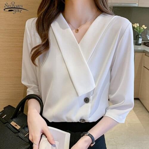2021 Summer Korean V-neck Shirts Women Seven Sleeve Chiffon Women Blouses Button Plus Size Female Clothing Bluzka Damska 14759