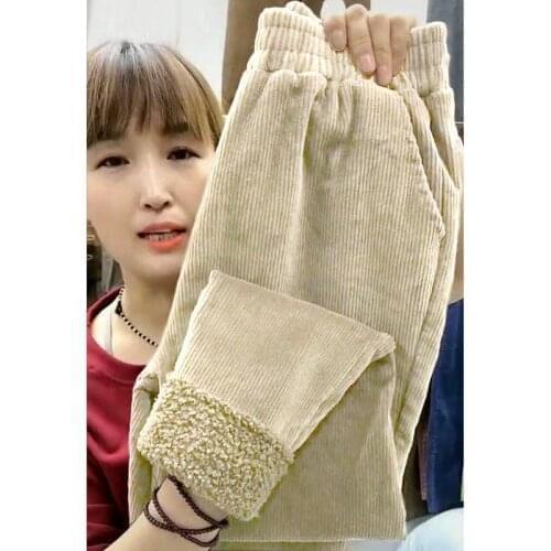 2021 New Womens Autumn Winter Pants Fashion Elastic Waist Thicken Warm Female Long Trousers High Waist Corduroy Harem Pants