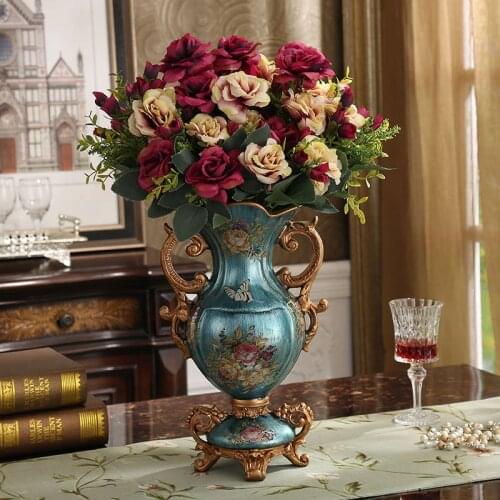 European Luxury Palace Resin Vase Ornaments Home Room Desktop Figurines Crafts Decoration Wedding Gift Retro Silk Flower Pot Art