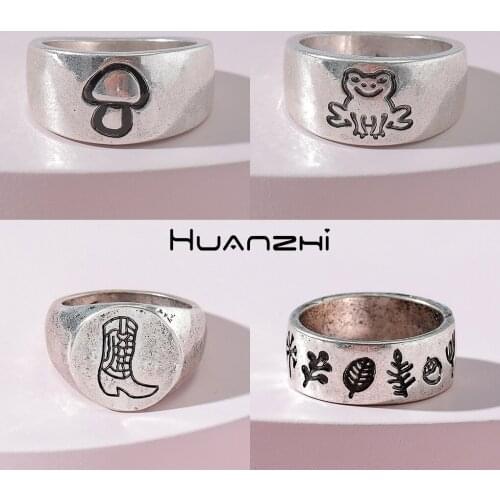 HUANZHI 2021 New Vintage Silver Colour Frog Mushroom Owl Boots Mountains Carved Rings for Women Girls Party Jewelry