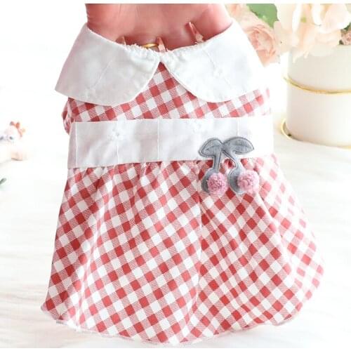 Summer Dog Clothes Small Cherry Plaid Skirt for Dogs Princess Pullover Dog Dresses