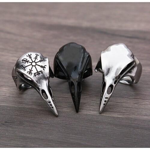 Gothic Odin Crow Skull Ring Men Vintage Stainless Steel Compass Ring For Men Viking Accessories Valknut Ring Biker Amulet