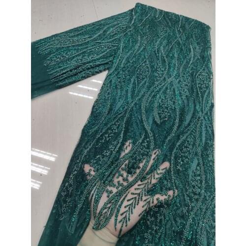 Nigerian Lace Fabric 2021 High Quality Lace Green African Lace Fabric With Beads French Tull Lace Fashion Women Weddging 5yards