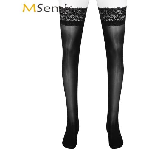 Hot Men Lingerie Sexy Smooth Silky Stockings Hosiery Summer Breathable High Socks Sissy Gay Lace Stocking Crossdressing Costume