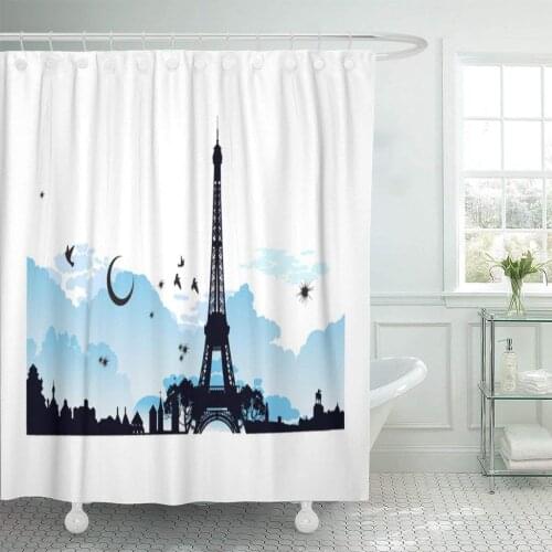 Paris at Night The Moon of Eiffel Tower France Shower Curtain Waterproof Polyester Fabric 60 x 72 Inches with Hooks