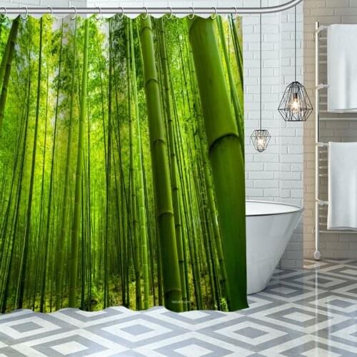 Custom High Quality Bamboo Shower Curtain Waterproof Bathroom Polyester Fabric Bathroom Curtain With Hooks