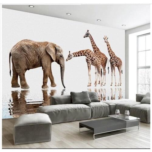 Custom High-end mural 3d wallpaper murals wall paper Elephant Giraffe Oil Painting Style Reflection Background Wall room decor