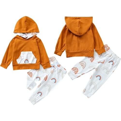 Girls Casual Two-piece Clothes Set Rainbow/ Floral Printed Pattern Hooded Pullover and Pants Caramel/ Dark Green