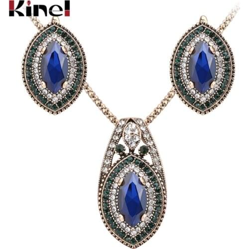 Luxury Vintage Wedding Jewelry Sets Necklace Earring For Women Gold Color Green Crystal Accessories 2017 New