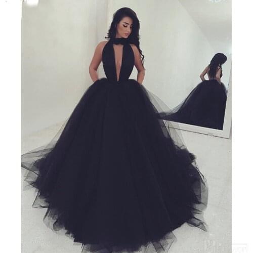 Sexy Black Evening Dresses 2020 Ball Gown Tulle Dubai Saudi Arabic Formal Evening Gown V-Neck Backless Long Party Prom Dress